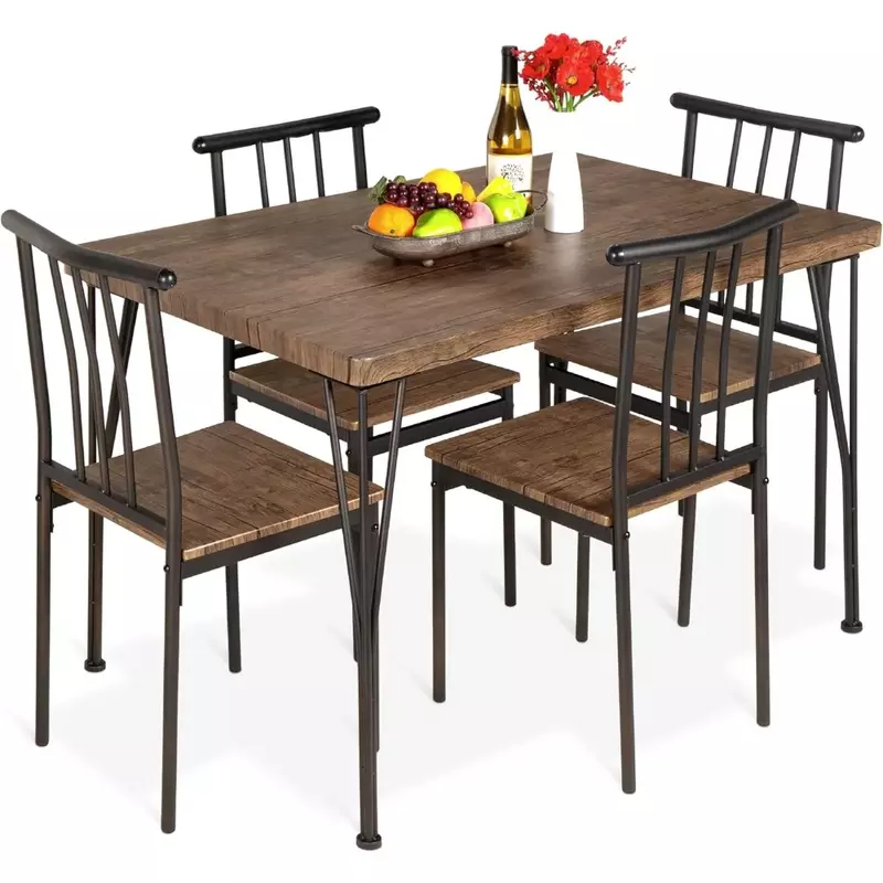 5-Piece Metal and Wood Indoor Modern Rectangular Dining Table Furniture Set for Kitchen, Dining Room, Dinette, Breakfast Nook