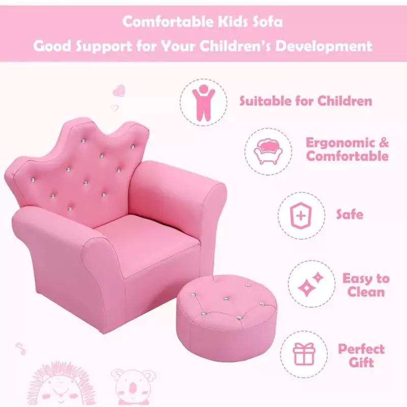 Children's sofa, upholstered children's sofa with ottoman, trimmed with diamonds, pink