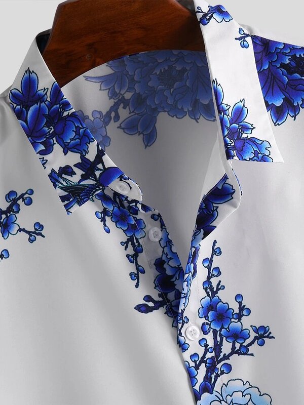 Europejska i amerykańska męska koszula z nadrukiem azja południowo-wschodnia Casual malowidło tuszowe kwiat śliwy S-3XL koszula z klapą z krótkim rękawem