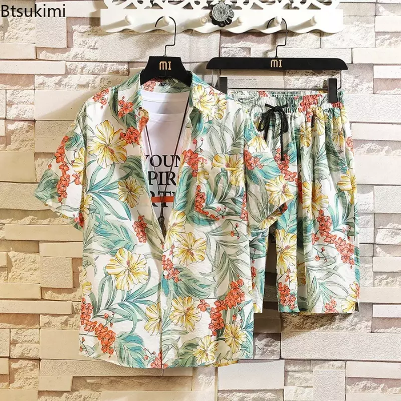 New 2023 Men's Summer Casual 2Pieces Sets Hawaiian Shirts + Beach Shorts Sets for Men Streetwear Floral Print Holiday Suits Sets