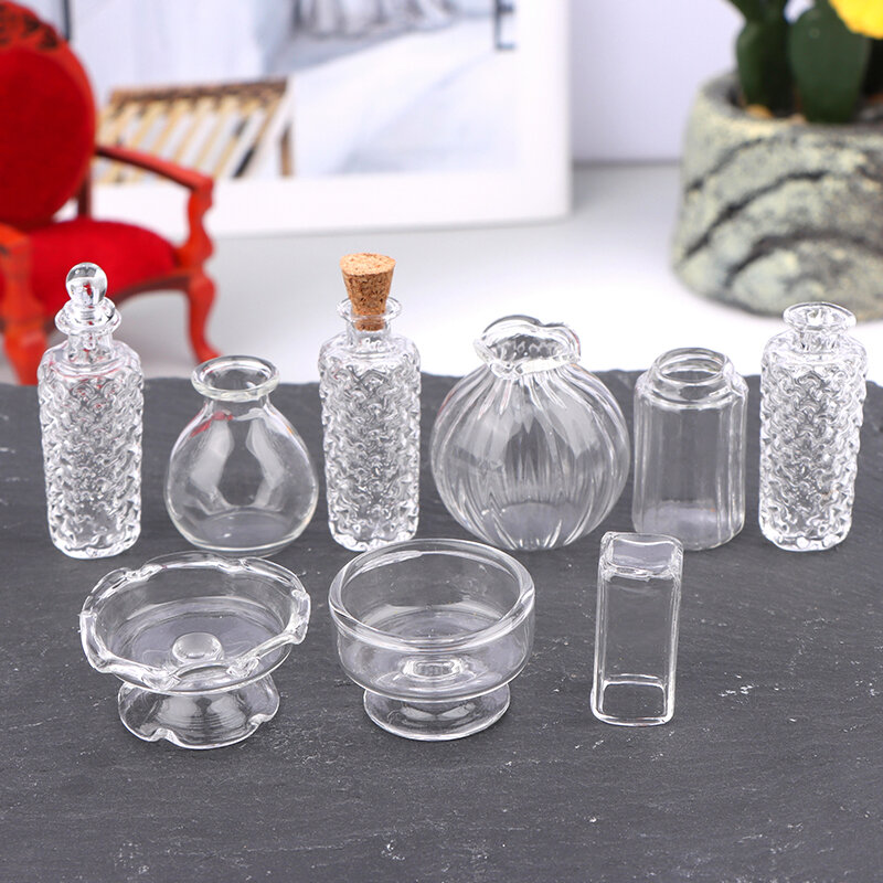 1:12 Glass Dollhouse Miniature Glass Vase Dessert Cup Wine Bottle Wishing Bottle W/Corked Home Decor Toy Doll House Accessories