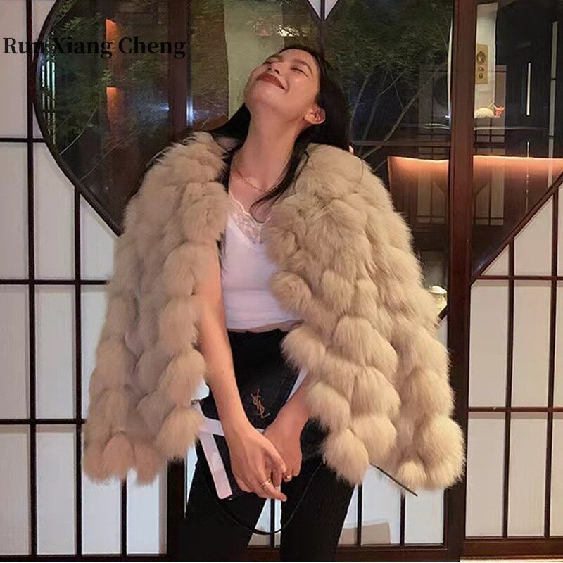 RUN XIANG CHENG 2023 Winter Faux Fox Fur Grass Coat Women's Short Fit Young Mink Fur Raccoon Fur Coat  Free Shipping White Khaki