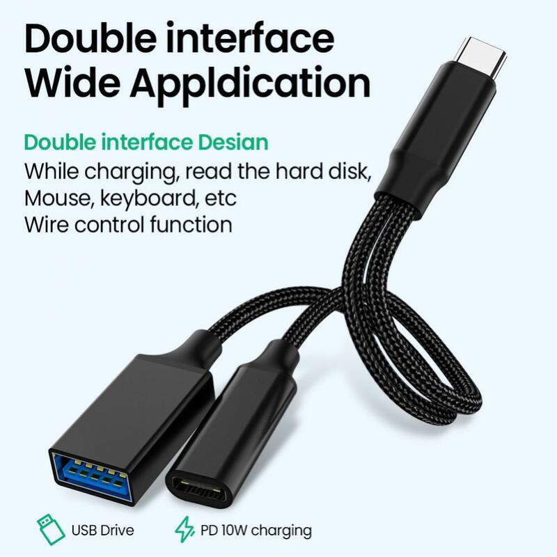 Adaptador de cabo USB C OTG, 2 em 1, 2 Tipo-C para USB com PD Porta de carregamento, Laptop, Tablet, 1-5Pcs