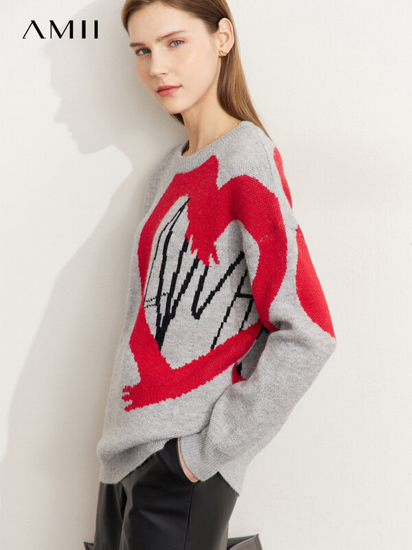 Женский минималистский свитер AMII, новинка 2022, Осенние вязаные топы в форме сердца с круглым вырезом, элегантный пуловер, зимний женский свитер 12270296
