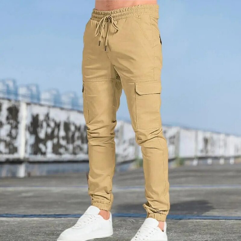 Брюки-карго мужские с множеством карманов, спортивные зауженные штаны с эластичным поясом, завязки на щиколотке, повседневные летние брюки