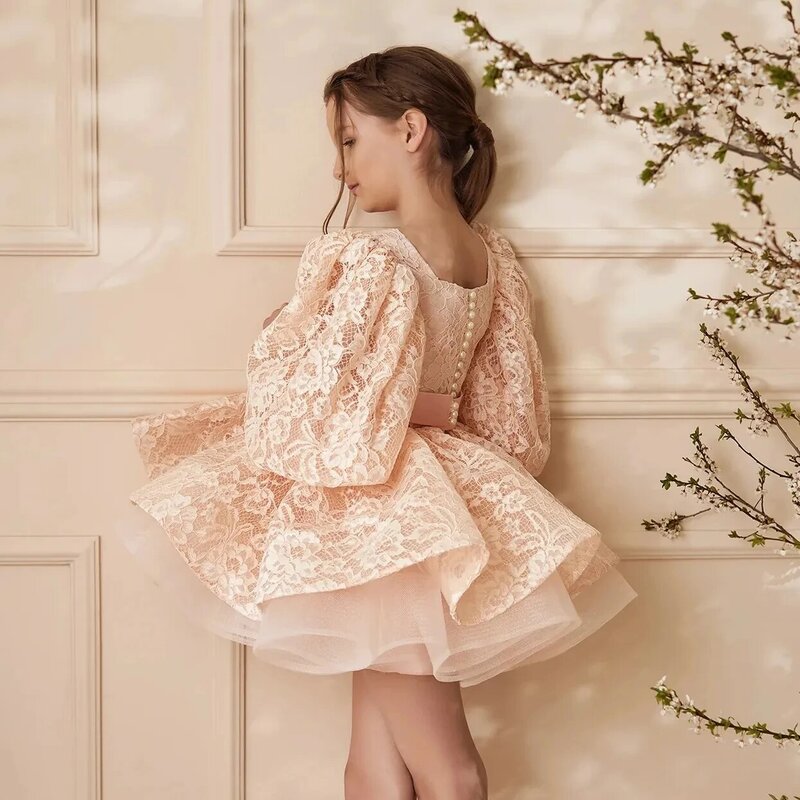 Mini robe à fleurs rose clair pour fille, manches courtes bouffantes, tulle en dentelle, robe de princesse pour tout-petits, robe de reconstitution historique pour enfants, robe de vacances d'anniversaire