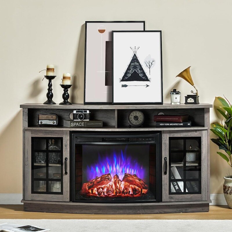 Curved Fireplace TV Stand with 26'' Electric Fireplace, Media Entertainment Center Farmhouse Glass Door Storage Cabinet