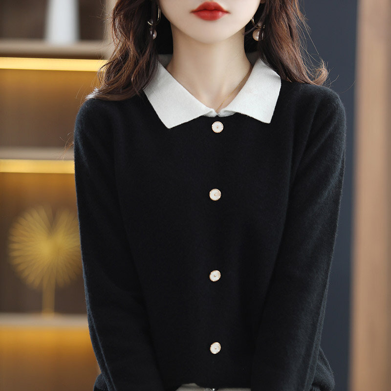 2022 outono inverno nova malha camisola de caxemira feminino collar boneca falso cardigan pulôver camisola base lã pura versão coreana
