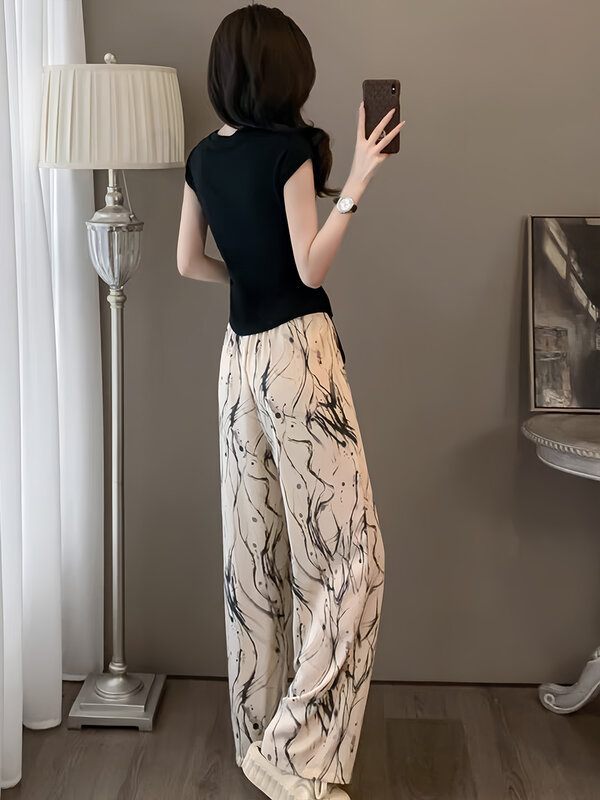 Chiński styl kombinezon z krótkim rękawem damskie Conjuntos De Pantalones 2024 letnie torba Slim Top + spodnie z szerokimi nogawkami 2-częściowe zestawy damskie stroje