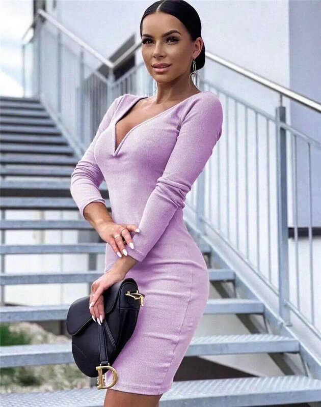 2024 Spring New Solid Color Slim Mini Dresses Women Sexy V-neck Package Hip Bodycon Long Sleeve Dress Temperament Lady Vestidos