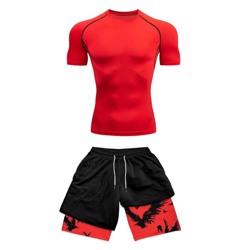Компрессионная спортивная одежда, комплект для фитнеса для мужчин, быстросохнущая компрессионная рубашка + шорты для спортзала, 2 шт., для бега и тренировок