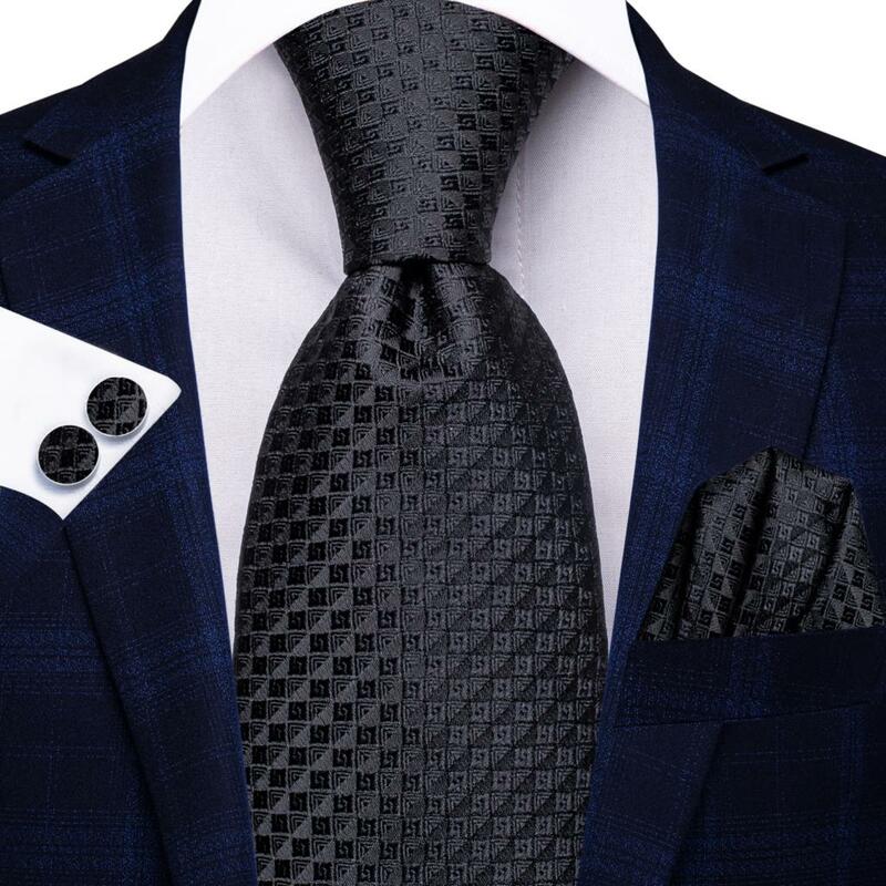 Klasyczna czarna krata w kratę, solidna, nowa marka modowa, krawaty ślubne dla mężczyzn, zestaw chusteczek, spinki do mankietów, prezent, sprzedaż hurtowa 2022