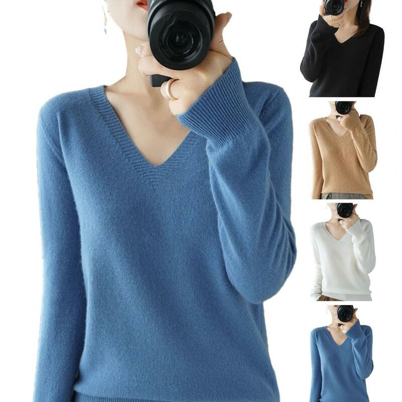 Women Fall Spring Top V Neck Long Sleeve Pullover Knitted Sweater Soft Breathable Knitted Bottoming Shirt Women Sweater