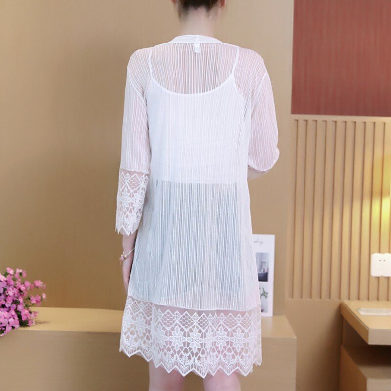 Women Chiffon Casual Cardigan Female White Black Blouse Sun Protection  Lace Loose Clothing Tops Holiday Beach Clothing Covers