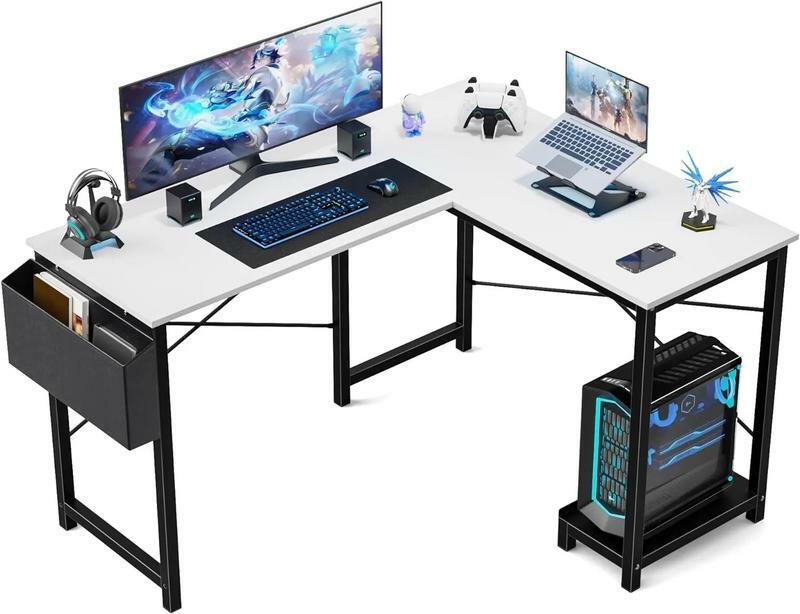 โต๊ะคอมพิวเตอร์รูปตัว L โต๊ะเกมส์ PC มุมไม้พร้อมถุงเก็บของด้านข้างสำหรับสำนักงานบ้านพื้นที่ขนาดเล็กโต๊ะทำงานในห้องเฟอร์นิเจอร์