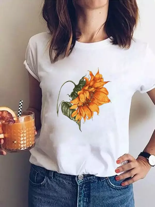 Camiseta informal con estampado de corazón de amor y flores para mujer, ropa de manga corta a la moda de los años 90, camiseta gráfica de verano