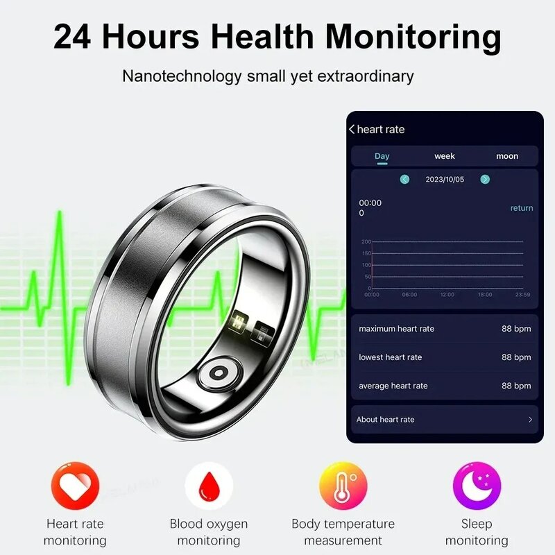 Cincin pintar 2024 pria wanita, jam tangan pintar Monitor kesehatan pengisian daya tanpa kabel tahan air luar ruangan militer cincin pintar untuk Android IOS