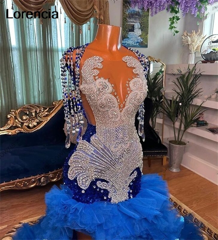 Gaun Prom payet biru mewah lorensia untuk Gadis hitam manik-manik kristal rumbai gaun pesta ulang tahun belahan tinggi jubah De Soiree YPD50