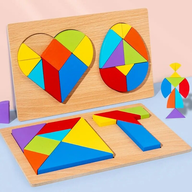 3D drewniane puzzle serce jajko Tangram geometryczny kształt dla dzieci kognitywna układanka do wczesnej nauki w domu materiały edukacyjne