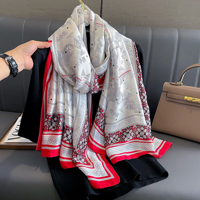 2024 Popular 180X90CM Warm Hijab Luxury Brand Women Print Silk Scarf Fashion Satin Finish Shawls The Four Seasons Design Scarves