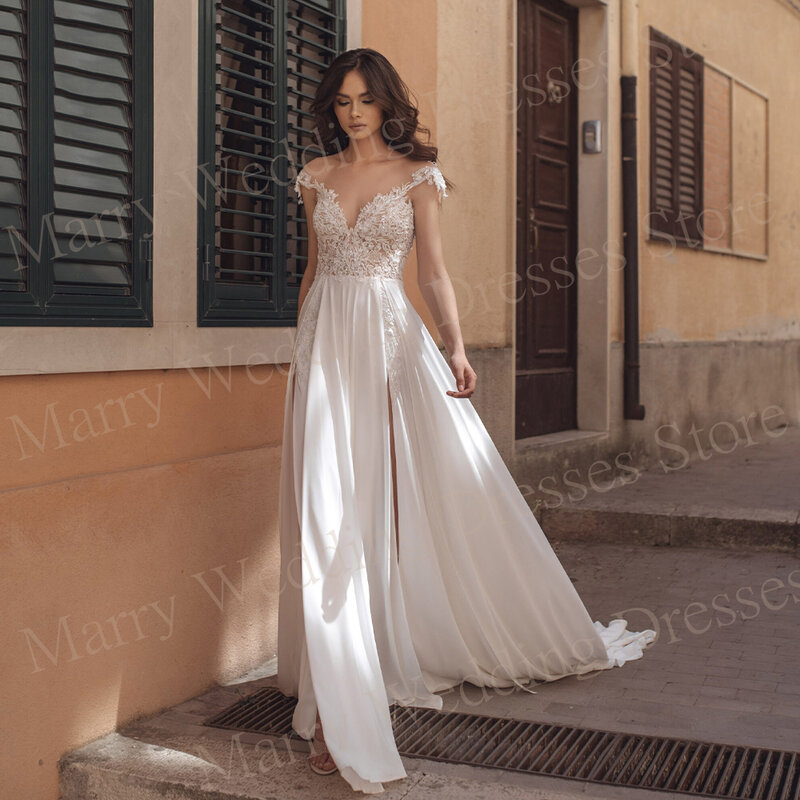 2024 gaun pernikahan wanita model Boho anggun A Line gaun pengantin applique renda menawan Off The Shoulder Side Split Robe De Mariee