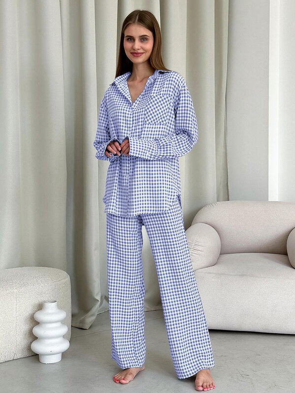 Marthaqiqi Fashion Geruite Dames Nachtkleding 2-delige Pak Met Omslag Kraag Nachthemden Lange Mouw Nachtkleding Broek Dames Pyjama Set