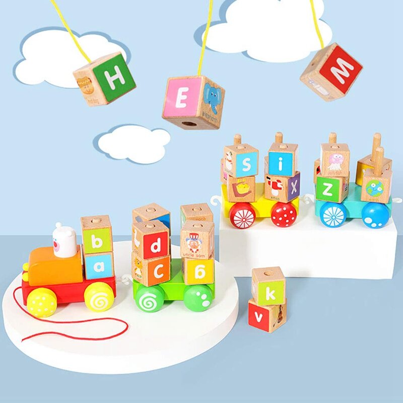 ألعاب قطار خشبية قابلة للسحب إلى الأسفل للأطفال ، مجموعة أبجدية وحروف مجمعة ، ألعاب تعليمية لأكثر من 3 سنوات من العمر ، 26 روض