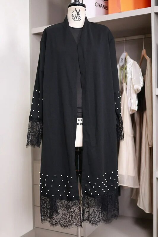 Abito donna Kimono Femme Musulmane pizzo Chiffon perline inchiodate Abaya per le donne Cardigan manica lunga abito musulmano Dubai aperto Abaya