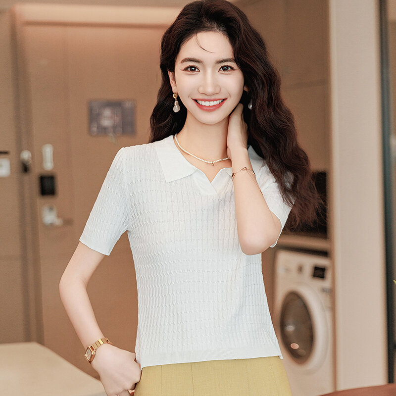 Spring/Summer New Short Sleeved Ice Silk Knitwear Women's Polo Neck Summer Short Solid Color Pullover Top Female Clothing