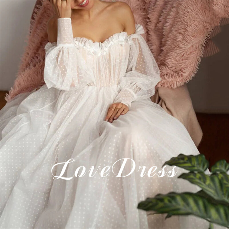 Love Elegant Wave point Off The Shoulder Sweetheart Tulle Wedding Dresses A-Line Floor Length Puffy Sleeves Backless Bridal Gown