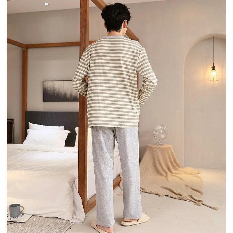 Spring and Autumn Knitted Cotton Striped Pajamas Set Men Long Sleeve Sleepwear Casual Soft Comfortable L-5XL Male Home Clothing