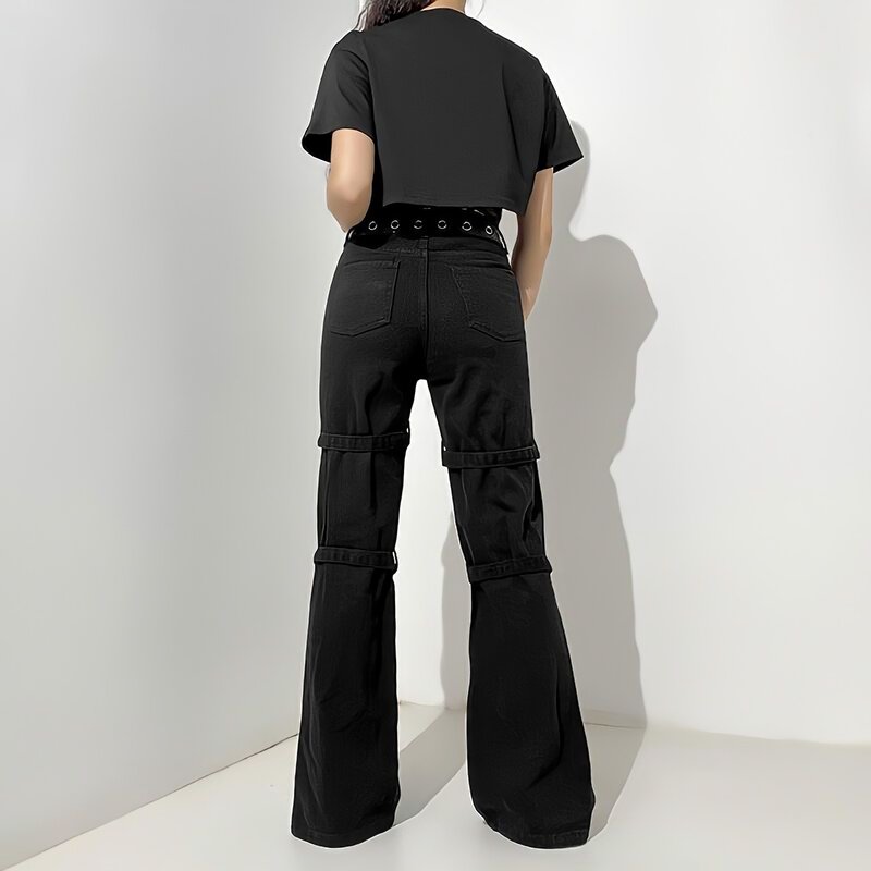 American Punk Style Black Jeans Woman Summer Streetwear Graffiti Cargo Pants Metal Buckle Fashion Vintage Straight Flared Pants