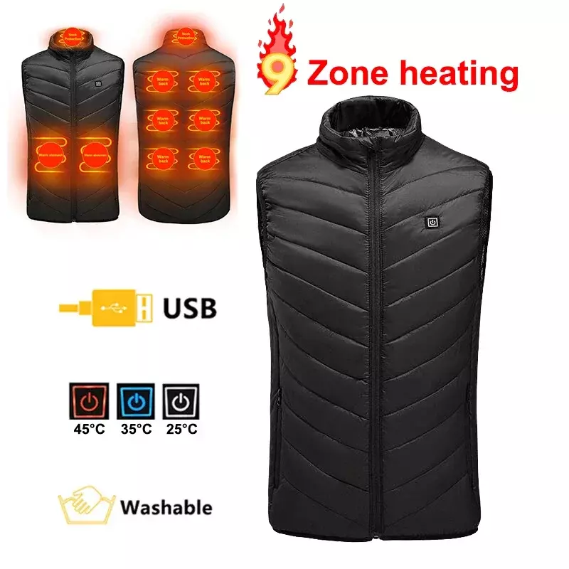 PHMAX Heated Vest Winter Warm Hiking Heated Jacket Vest Outdoor Sports Men Ski Warming Heating Thermal Clothing USB 9/2 Places