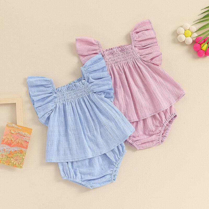 Regatas de babados de cor sólida femininas e conjunto de calções elásticos, roupas fofas de bebê, roupas de verão, 0-3Y, 2024-03-20