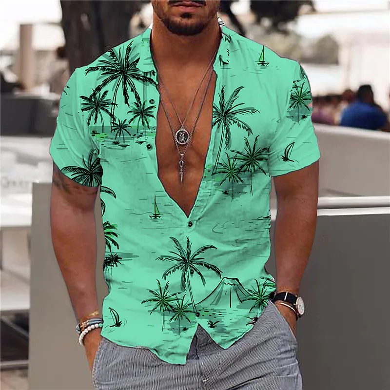 Kemeja pohon kelapa 2023 untuk pria, kemeja Hawaii motif 3d untuk pria, kemeja pantai 5xl lengan pendek, blus atasan kaus modis untuk pria