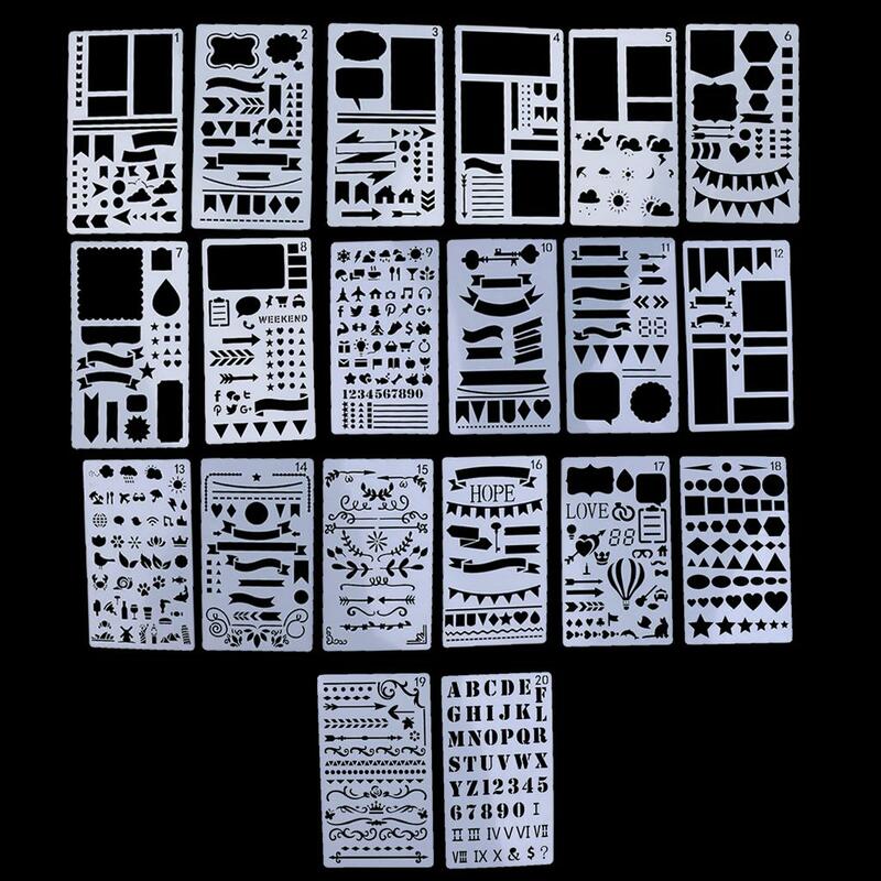 Stencils plástico do molde do desenho, planejador DIY, diário, estêncil 20