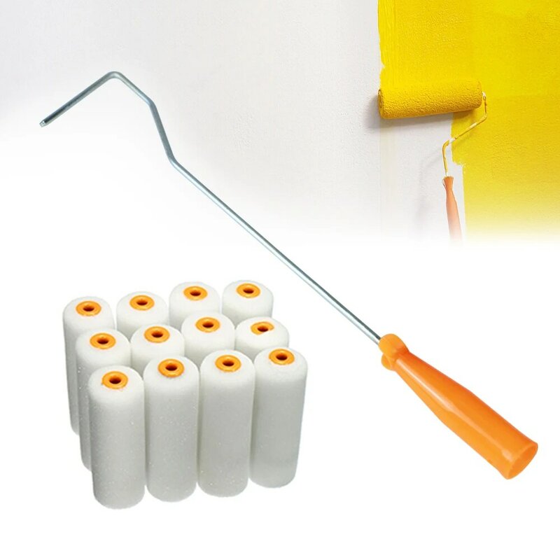 Mini rolo de pintura escova com esponja cabeça e alças, poliéster Paint Roller Kit, DIY Dye Tool, reutilizável, 100mm, 13Pcs por conjunto