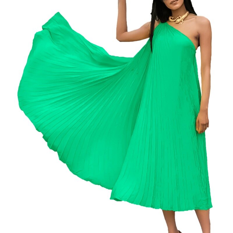 Fashion Women One Shoulder Pleated Sleeveless Big Swing Straight Dress 2024 Vintage Party Cocktail Evening Dresses