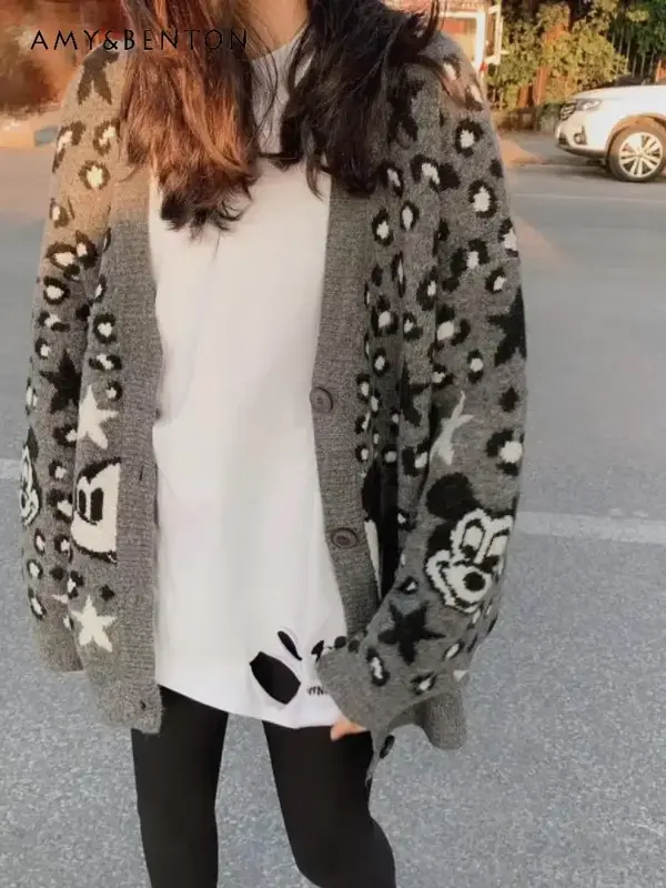 Casaco de camisola de malha cinza para senhoras estilo solto e preguiçoso estampa de leopardo feminino para o outono e inverno