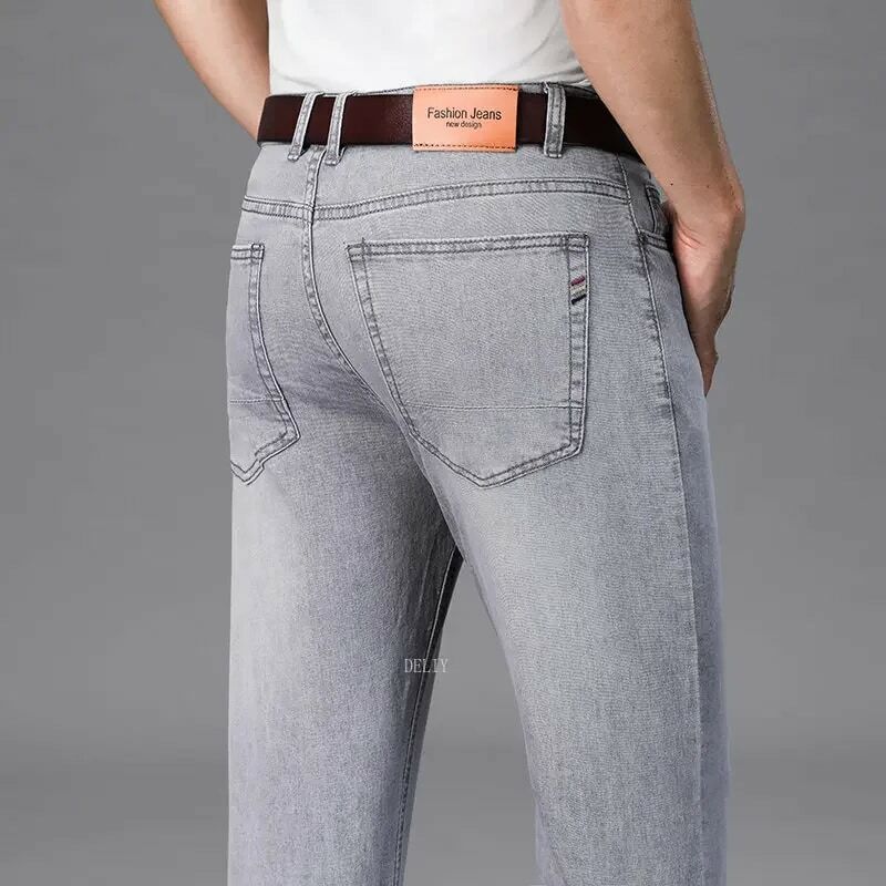 Calça jeans azul cinza claro masculina de cintura alta, jeans estiramento de algodão reto, marca casual, negócio