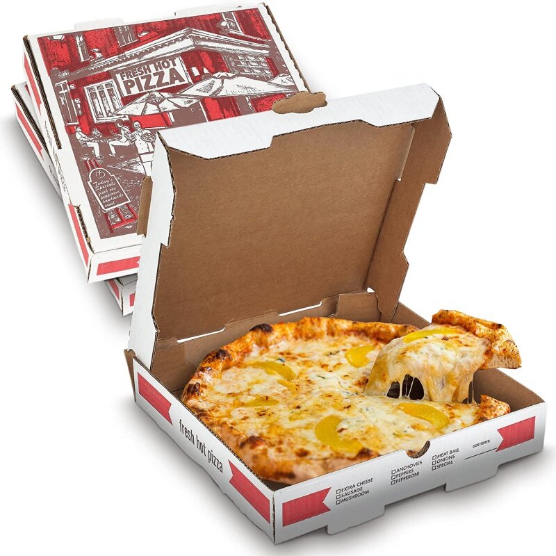 Prodotti personalizzati scatole per pizza stampate personalizzate con logo scatola di immagazzinaggio ecologica da 12 pollici pacchetto di consegna da asporto cibo