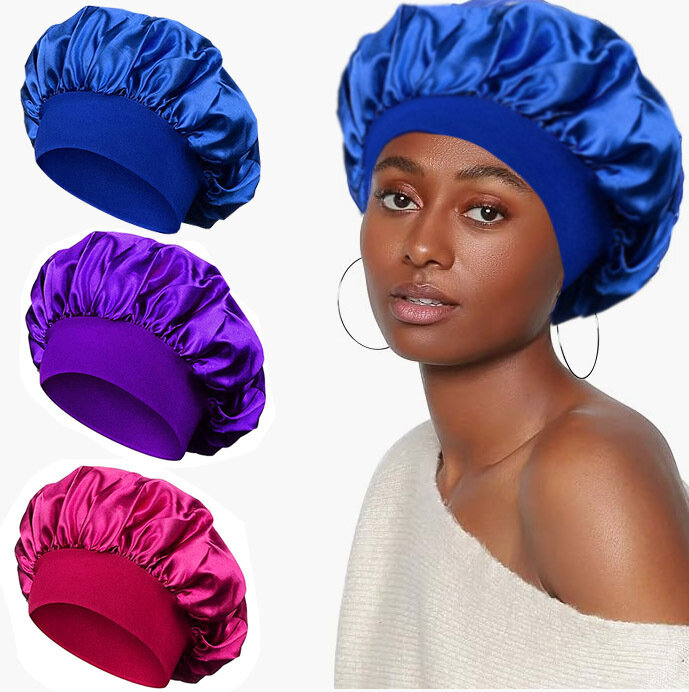 Women's Satin Solid Elastic Wide-brimmed Sleeping Hat Unisex Head Wrap Elastic Band Cap Hair Care Bonnet Night Hat bonnet