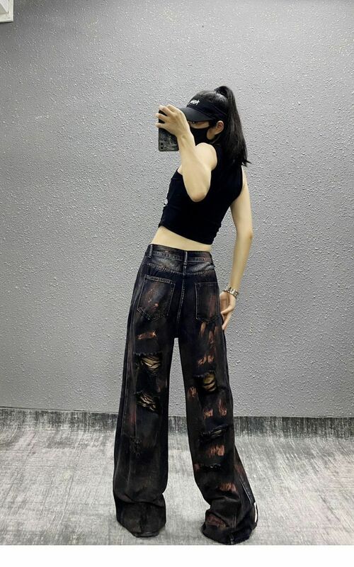 Jeans rasgados grandes para mulheres, calças vintage de vaqueiro estilo japonês calças jeans punk baggy, roupas hip-hop de rua alta, mulheres americanas