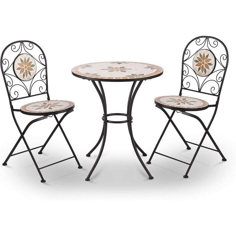 Складной стол и стулья Corporation для дома/улицы из 3 частей Мозаичный набор для бистро, сиденья для патио, загар