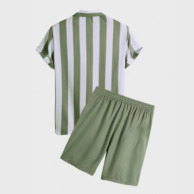 Men's Striped Short Sleeve Sets Hawaiian Casual Loose Button-down Shirt Drawstrings Shorts Set Streetwear 2 Piece Suit 2024 New