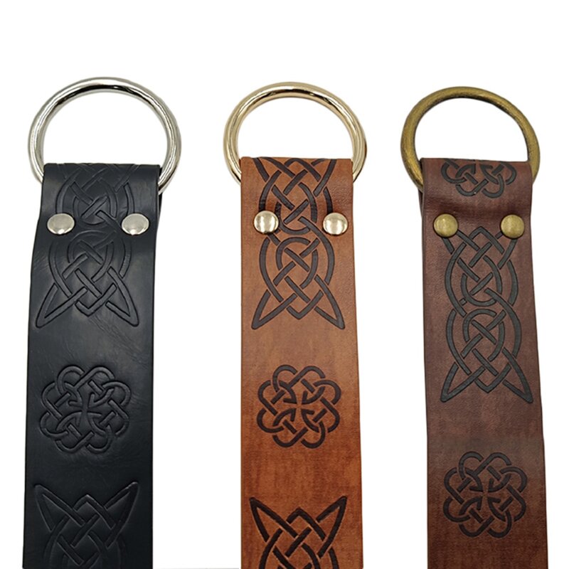 Medieval Embossed Vegvisir PU Leather O Ring Belt Retro Buckles Belt Waistband for Men Light Brown