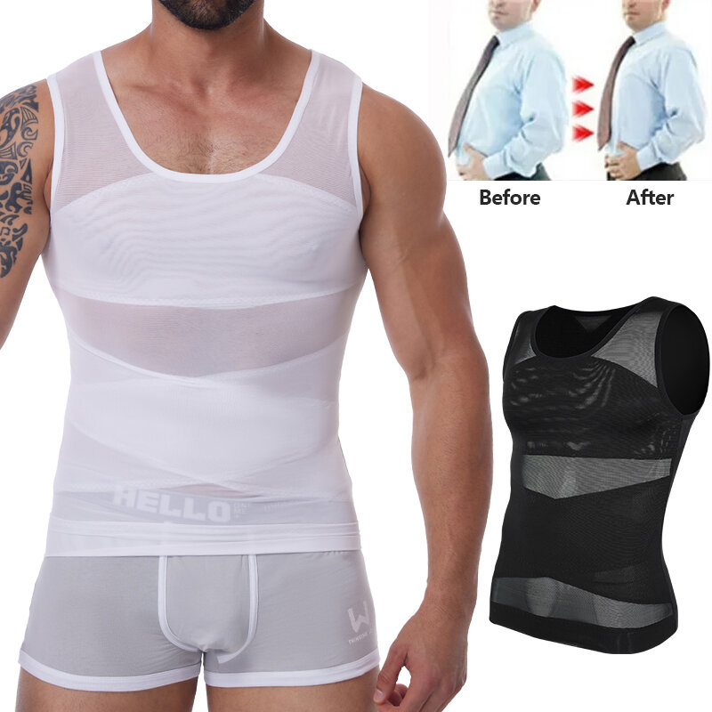 قميص رجالي ضغط بلا أكمام ، قميص تنحيف ، مشد الجسم ، توب تانك ، ملابس داخلية ، صدرية شبكية ، بدلة متقاطعة ، Gynomastica ، 3XL