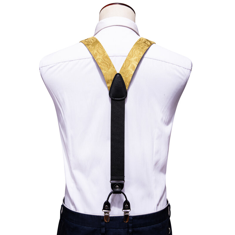 Barry.Wang Luxury Silk Mens Suspender Hanky Cufflinks Tie Set Adjustable Clip On Braces Self Necktie Male Wedding Business Gift