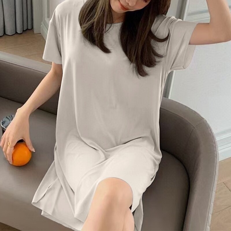 Gaun T-Shirt Longgar Leher-o Lengan Pendek Musim Panas Wanita Gaun Tidur A-Line Pendingin Warna Solid Gaun Malam Pakaian Santai