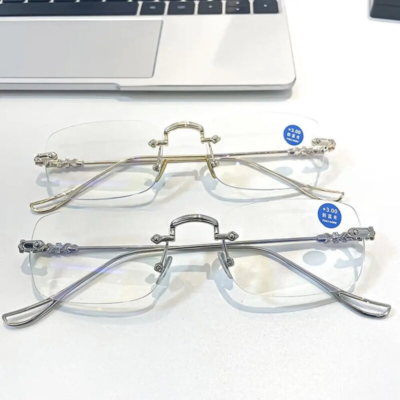 Kacamata baca tanpa bingkai, antik Anti cahaya biru memblokir kacamata persegi wanita pria sangat ringan komputer kacamata baca